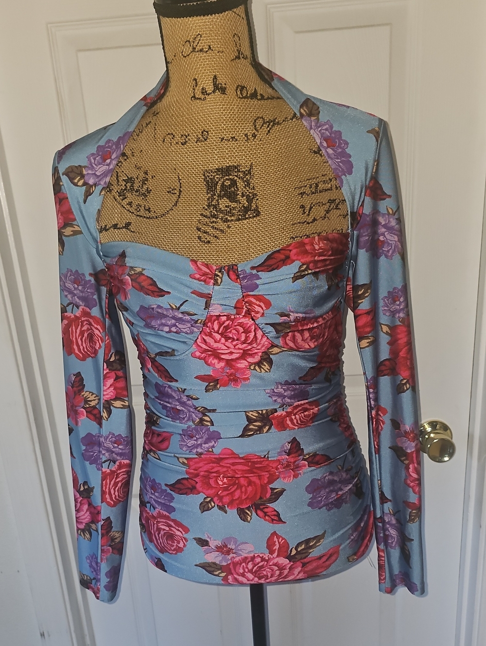 Forever 21 Sky Blue Floral Ruched Top with Pink & Purple Roses